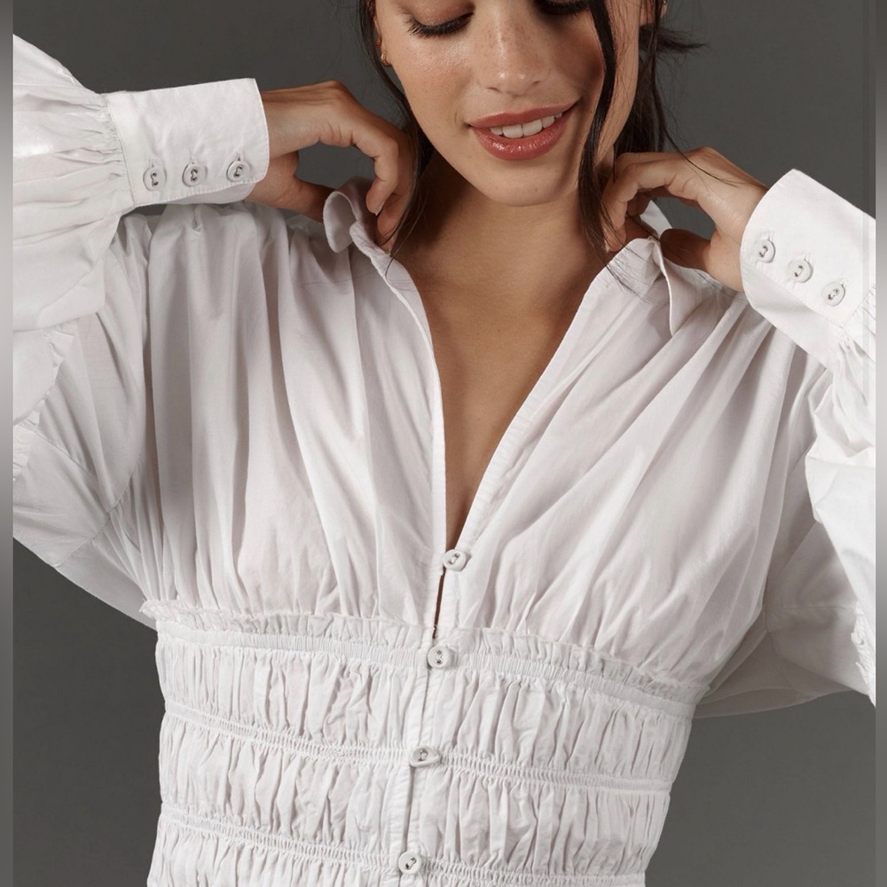 Anthropologie White Balloon Shirt Shirred Women's White Button-Up Blouse